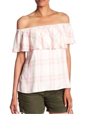 Sanctuary Pink Plaid Off-Shoulder Ruffle Camisole very soft